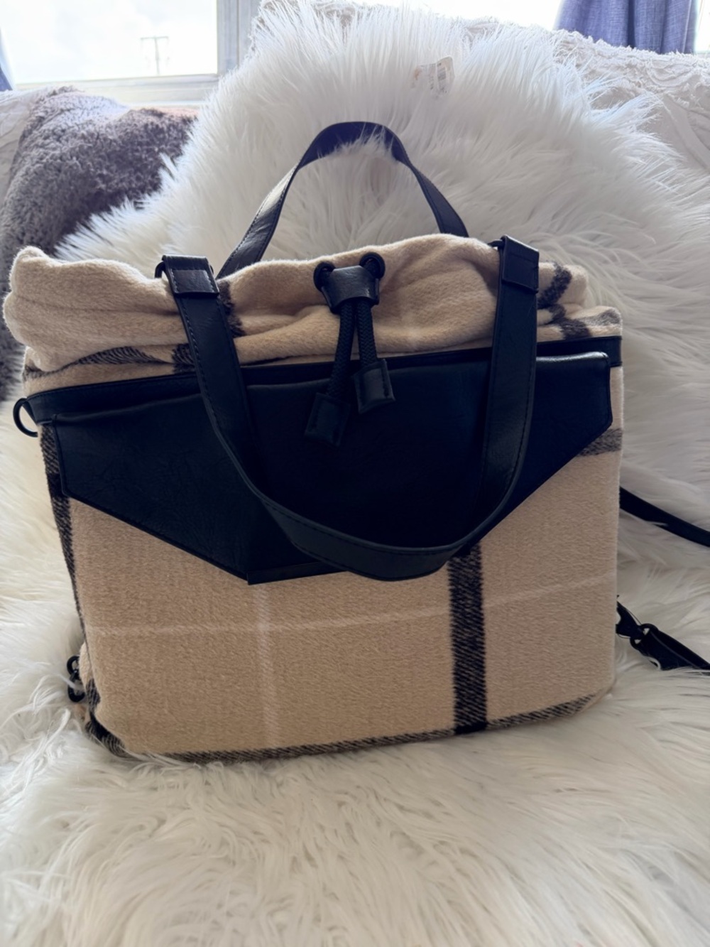 Beis The Messenger Tote Backpack Cream Plaid Wool Blend Black Trim Preowned
